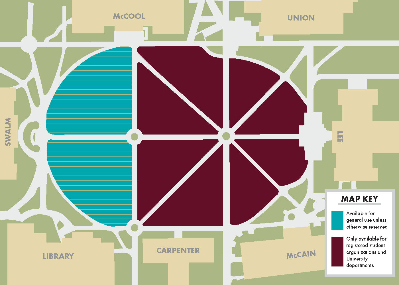 Map of the Drill Field with sections colored to define which areas on and off campus groups can use.